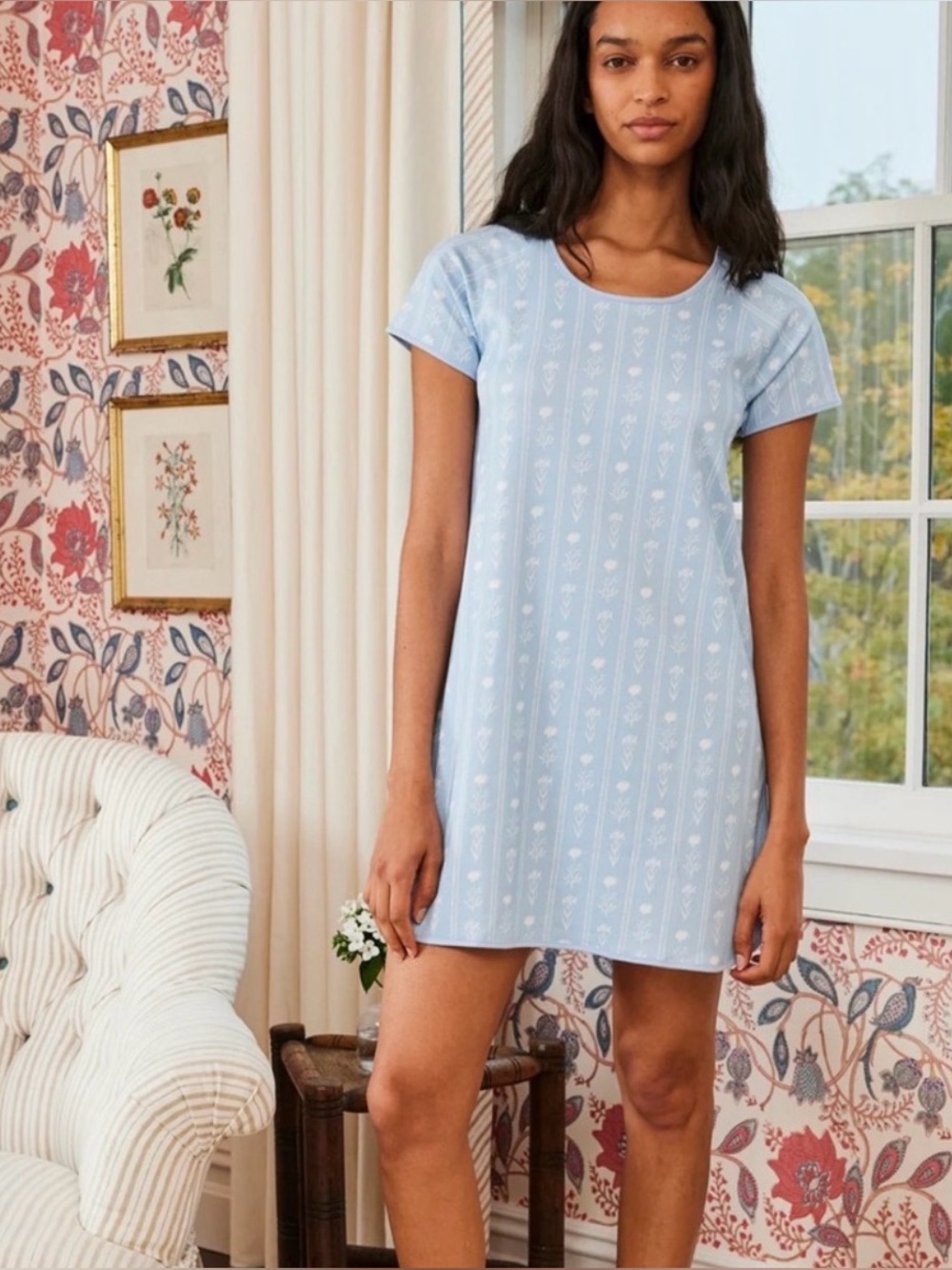 Lake pajamas Pima Classic Nightgown in French Blue Inverse Watercolor Stems XS